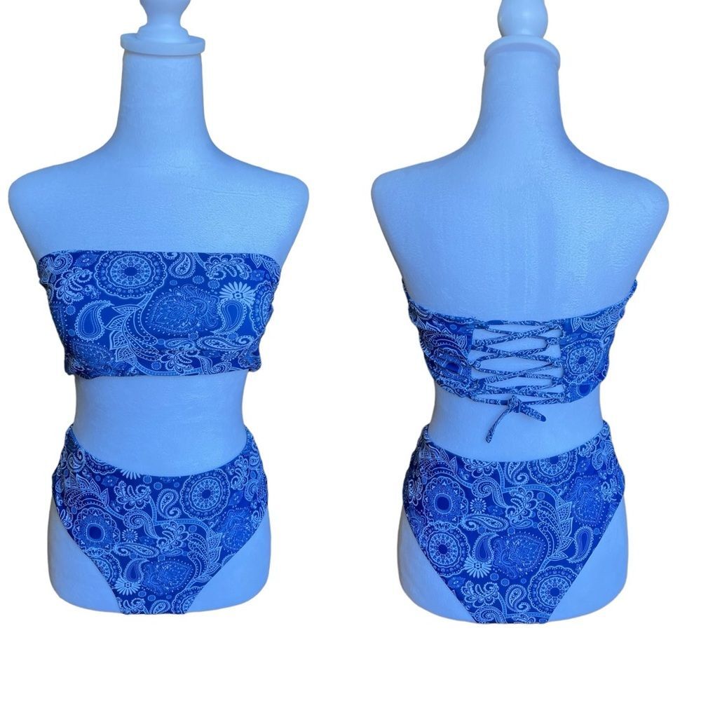 SHEIN Royal Blue Bandana Paisley Design Strapless Lace Back Bikini Size Small